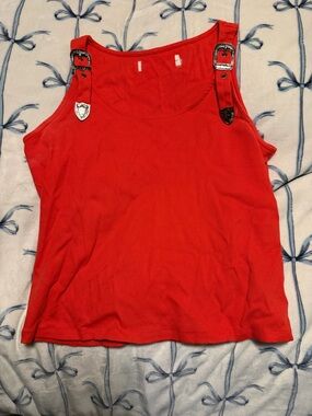 Red Ribbed Tank Top with Buckle Strap Detail